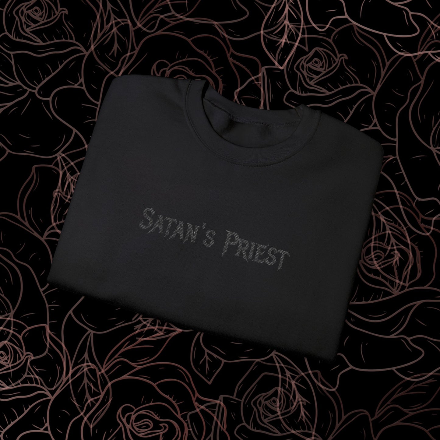 Satan's Priest black embroidered crew with embroidered sleeve