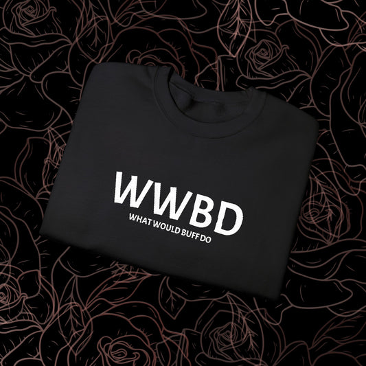 What Would Buff Do? Embroidered Crew with Sleeve Print